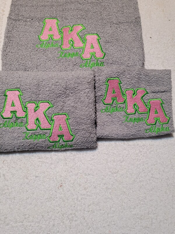 AKA three-piece bathroom Set, Alpha Kappa Alpha embroidery design, pink and green, sorority, sisterhood